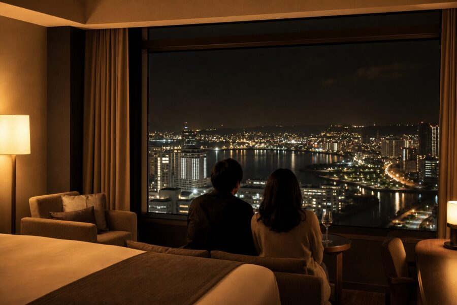A calm, upscale image evoking the afterglow of a concert trip, overlooking the Fukuoka bay night skyline