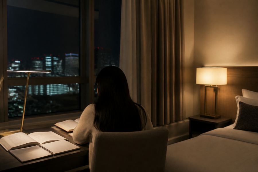 試験前夜、静かな客室で最後の見直しをする落ち着いた雰囲気のイメージ