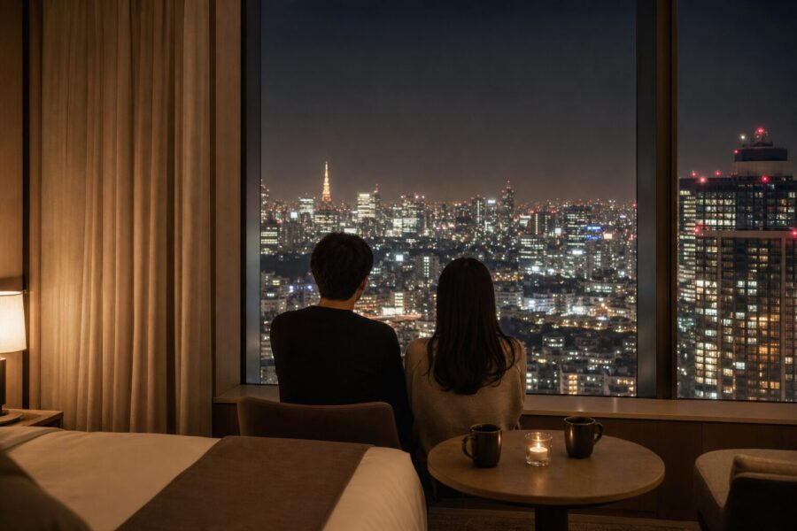 A calm, upscale image evoking the afterglow of a concert trip, overlooking a Tokyo night skyline