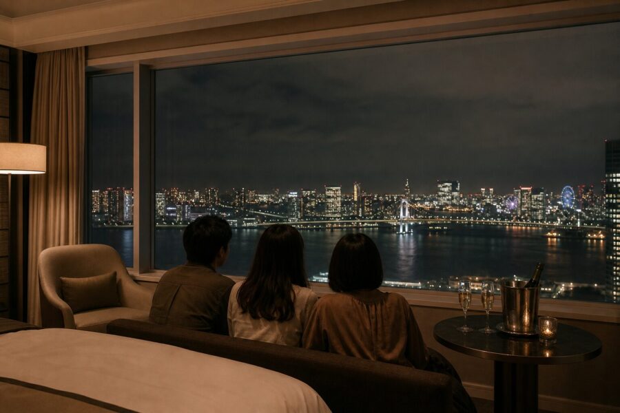 A calm, upscale image evoking the afterglow of a concert trip, overlooking the Tokyo Bay night skyline