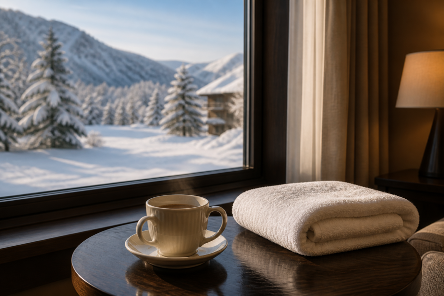 雪遊びの後、暖かい室内でくつろぐ家族旅行の落ち着いた雰囲気のイメージ