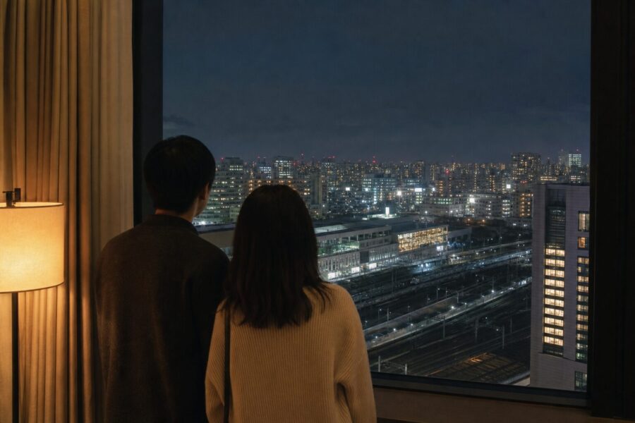 A calm, upscale image evoking the afterglow of a concert trip, overlooking Sendai at night