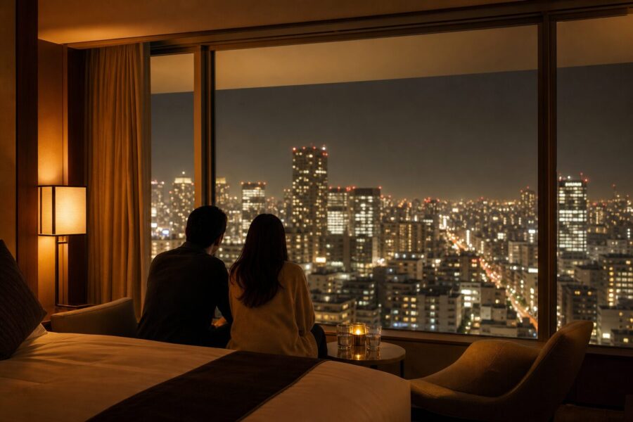 A calm, upscale image evoking the afterglow of a concert trip, overlooking the Nagoya night skyline