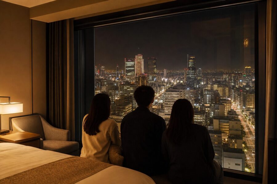 A calm, upscale image evoking the afterglow of a concert trip, overlooking the Nagoya night skyline