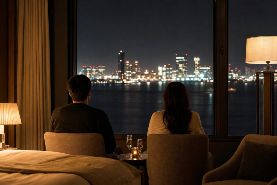 A calm, upscale image evoking the afterglow of a concert trip, overlooking the Makuhari Bay night skyline