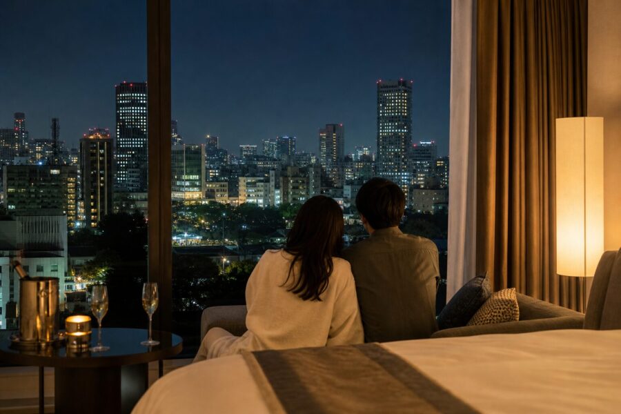 A calm, upscale image evoking the afterglow of a concert trip, overlooking the Sendai night skyline