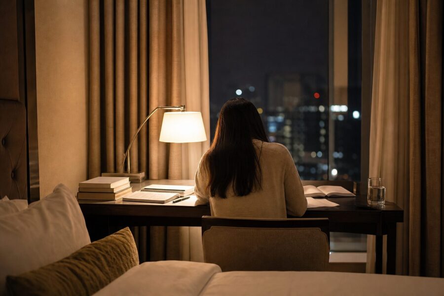 試験前夜、静かな客室で最後の見直しをする落ち着いた雰囲気のイメージ