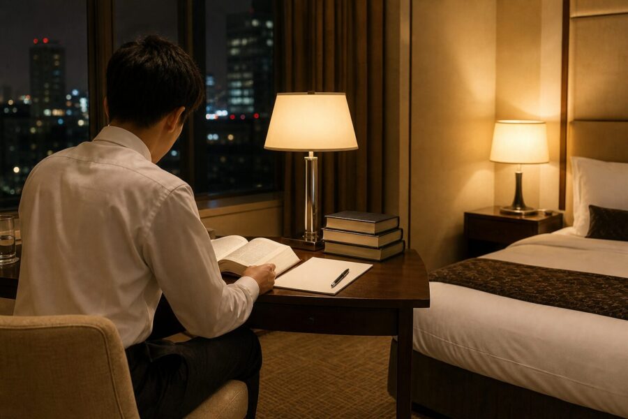 試験期間の夜、静かな客室で最後の見直しをする落ち着いた雰囲気のイメージ