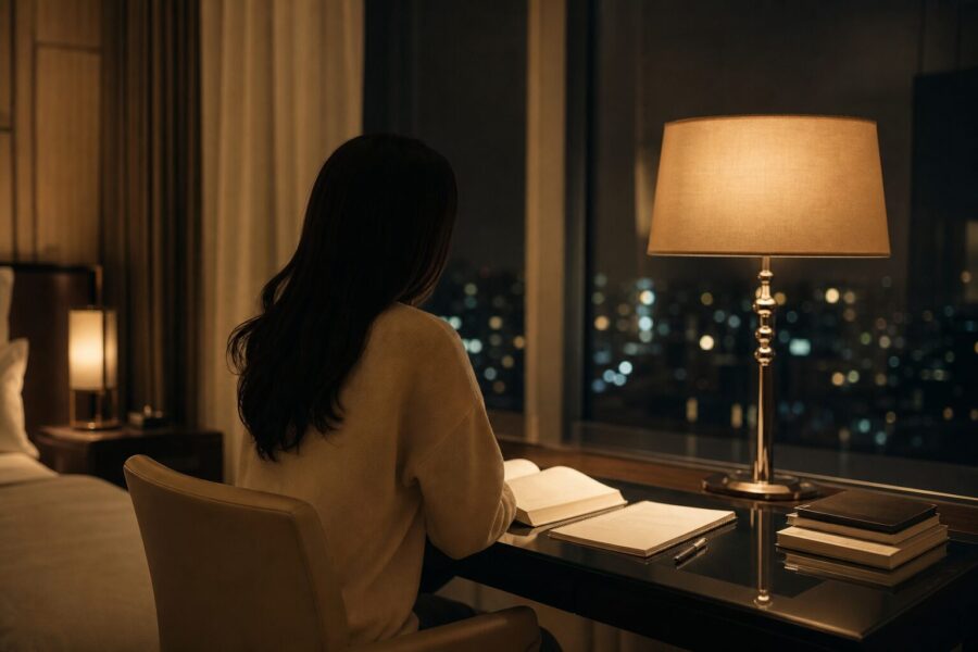 試験前夜、静かな客室で最後の見直しをする落ち着いた雰囲気のイメージ