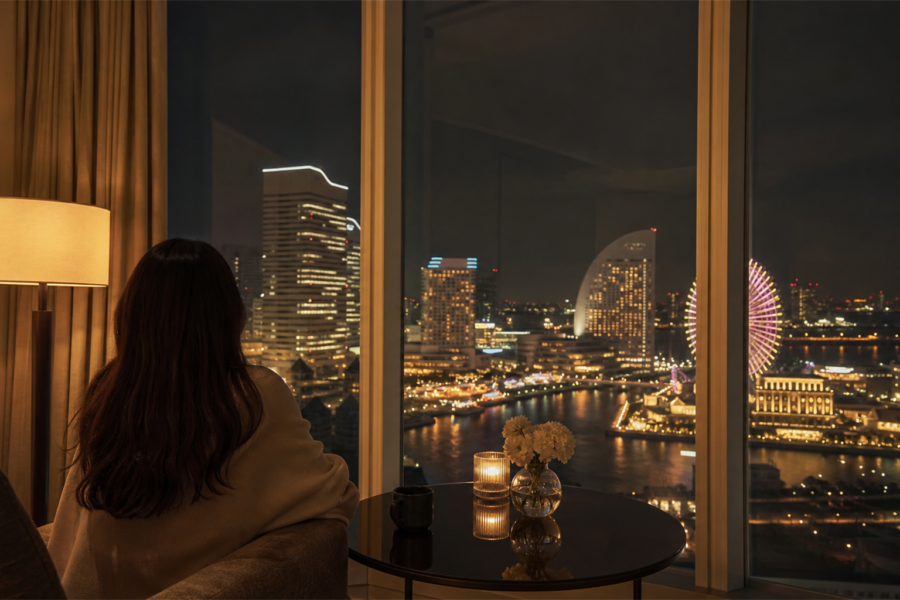 A calm, upscale image evoking the afterglow of a concert trip, overlooking the Minato Mirai night skyline
