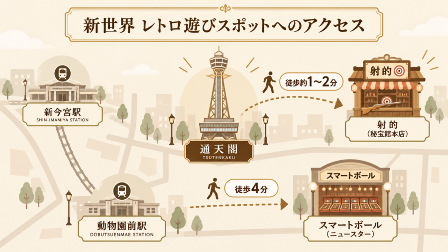 新世界レトロ遊びスポットへのアクセス図解