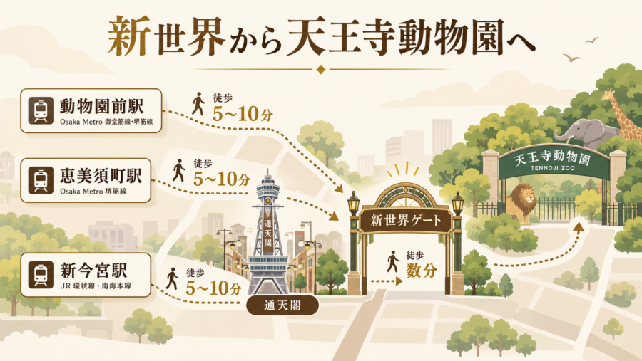 新世界から天王寺動物園へのアクセス図解